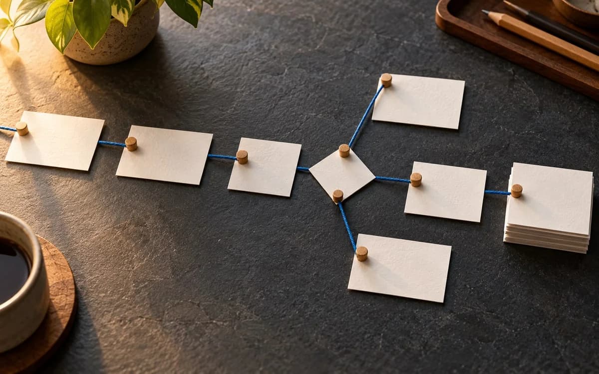 Unlabelled workflow cards connected by blue thread on a slate planning surface.