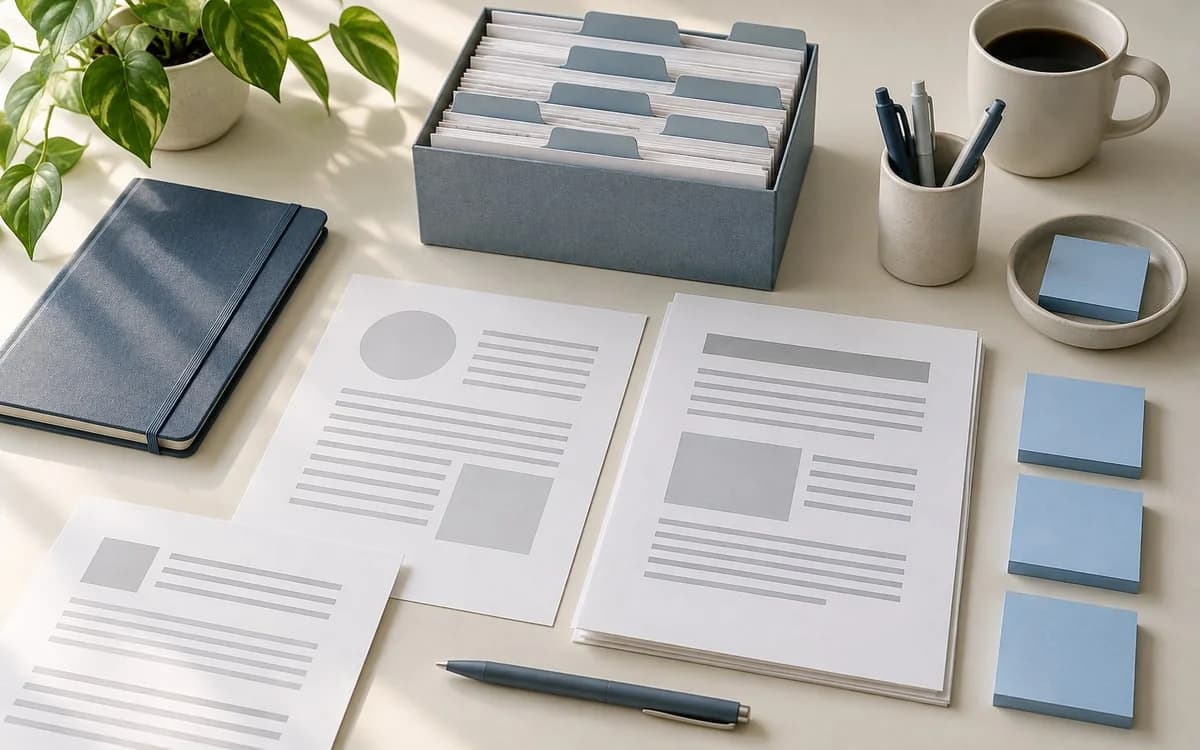 Organized source documents, blank divider tabs and paper notes on a desk.