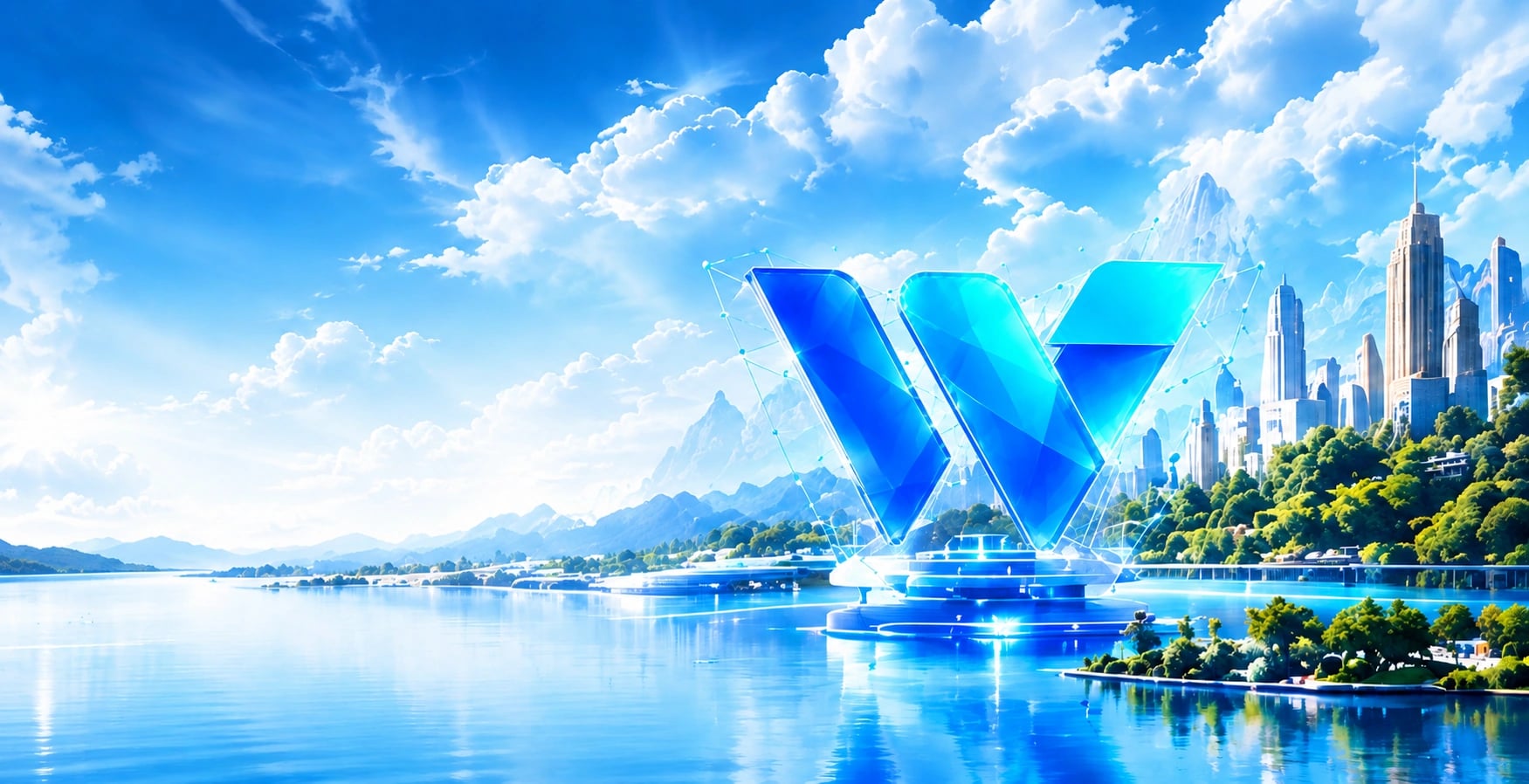 A crystalline blue W monument on a circular platform over a calm lake, with mountains and a modern skyline behind it.