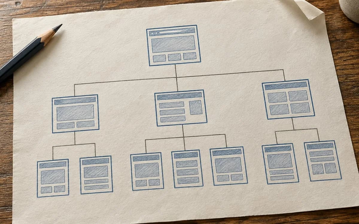 A hand-drawn site hierarchy connecting unlabelled page wireframes on paper.