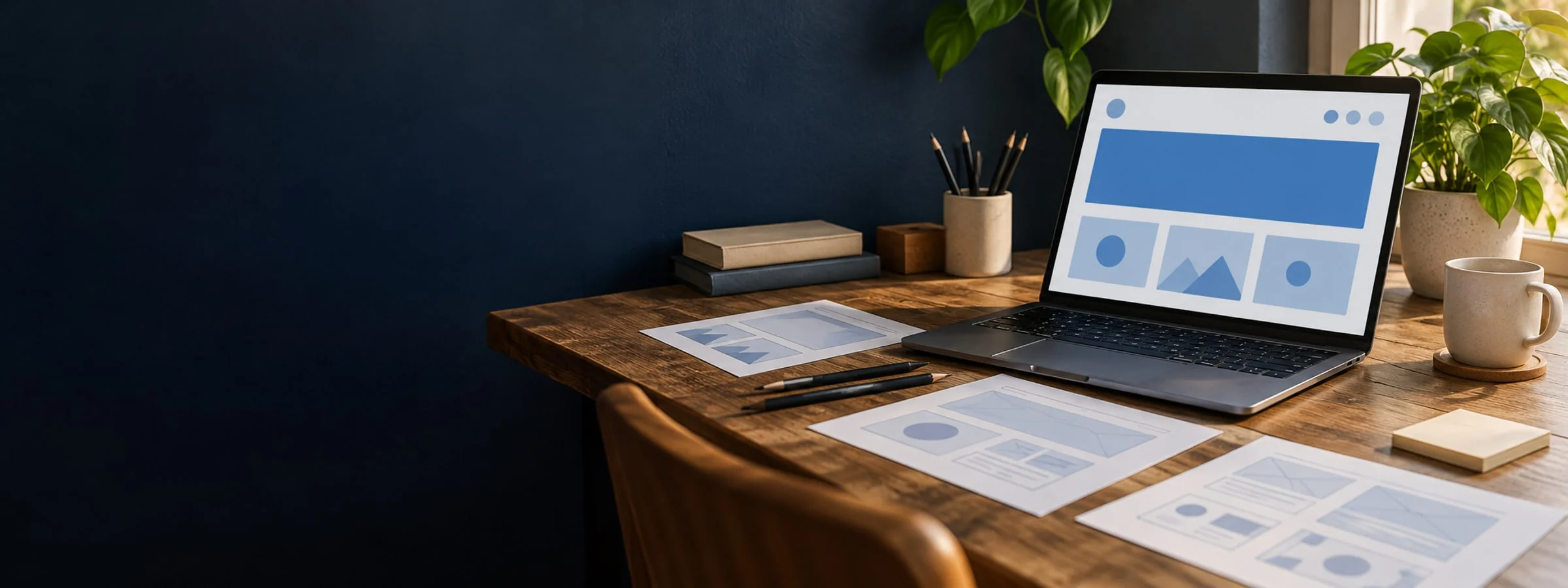 A working desk with a laptop, paper wireframes and pencils beside a dark navy wall.